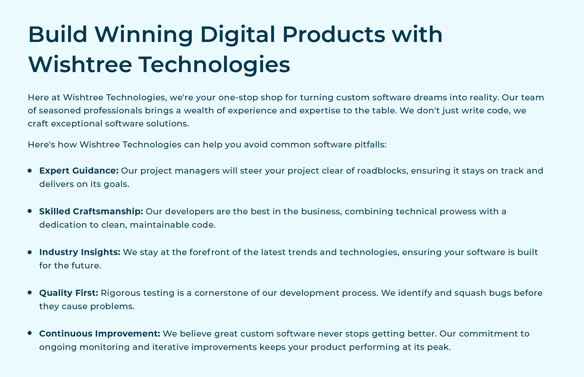 Here at Wishtree Technologies, we're your one-stop shop for turning custom software dreams into reality. Our team of seasoned professionals brings a wealth of experience and expertise to the table. We don't just write code, we craft exceptional software product engineering projects.