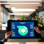Two professionals in an open-plan office collaborate and point at a desktop monitor showing a detailed infographic about a new AI-powered QA automation process flow, highlighting test cycle and bug reduction results.