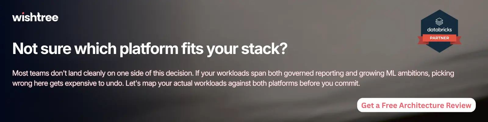 Not sure which platform fits your stack? Wishtree CTA inviting teams to compare Snowflake and Databricks based on their workloads, data stack, and machine learning needs before choosing a platform.