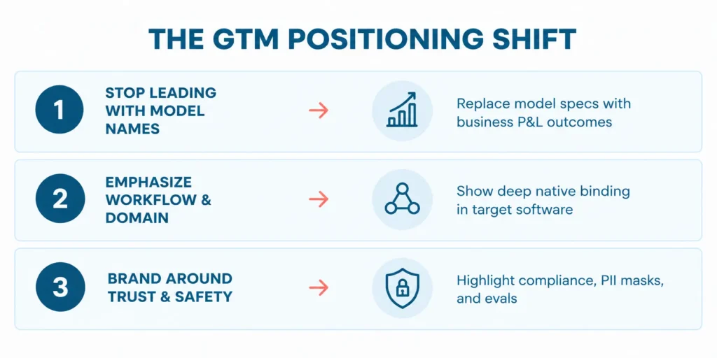 Diagram outlining the three steps of the GTM positioning shift, demonstrating how to evolve an AI GTM strategy by focusing on business outcomes, native workflows, and trust.
