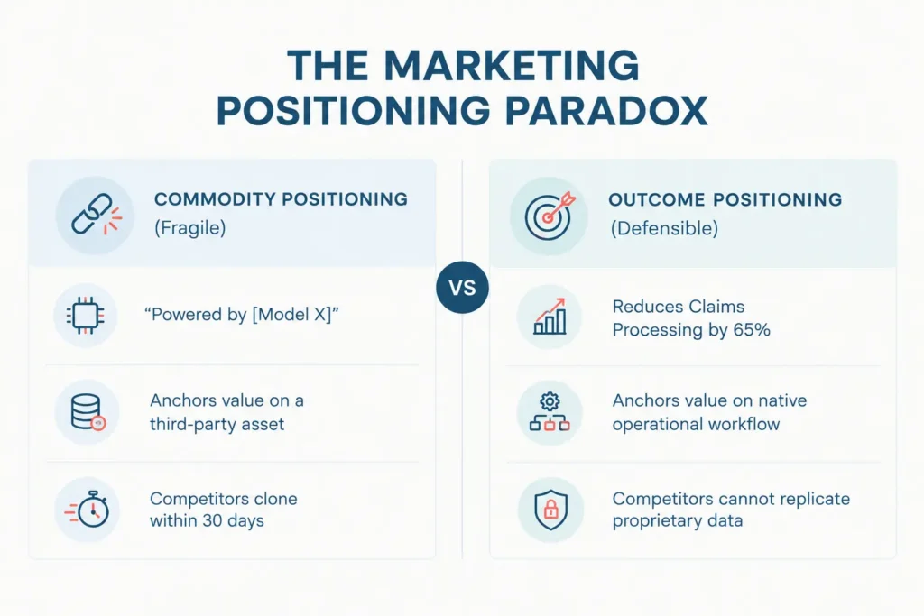 Comparative graphic breaking down fragile third-party AI messaging versus defensible, workflow-anchored outcomes for an AI GTM strategy.